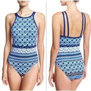 Tommy Bahama Women's Size 12 Cowrie High Neck One-Piece Swimsuit Blue Geometric
